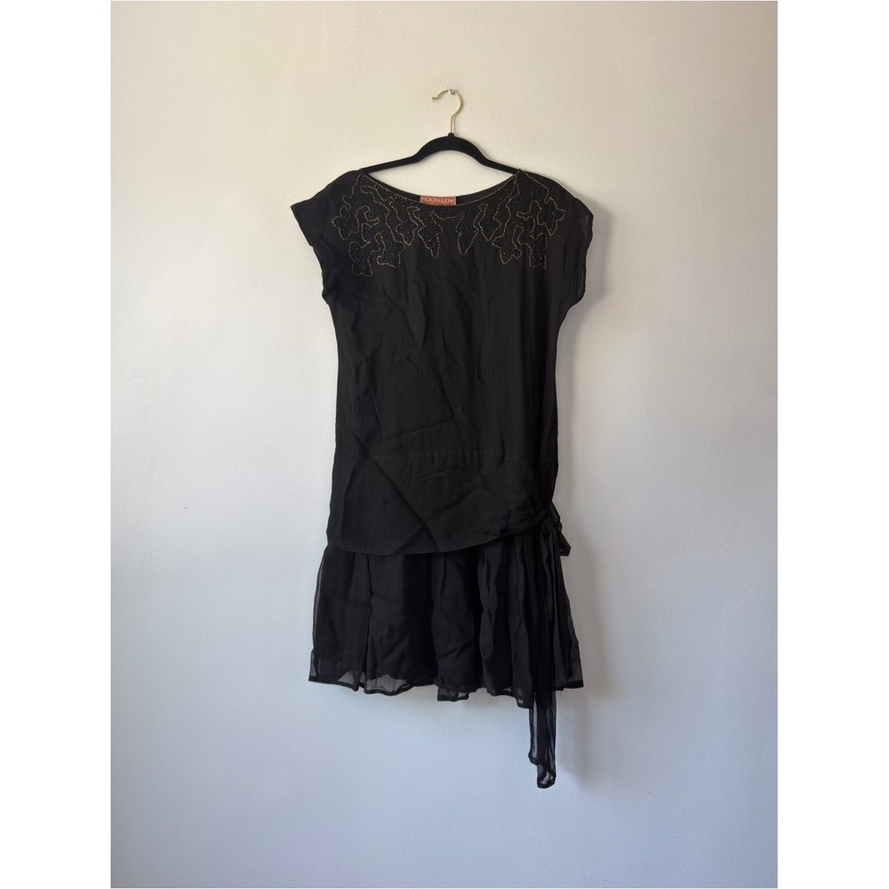 Moonglow Black Beaded Drop Waist Ruffle Dress Vintage Style Size M